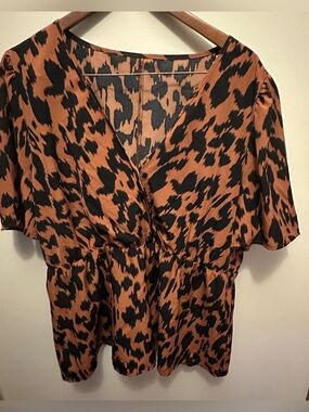 Women’s Brown and Black Leopard Print V-Neck Top
